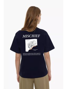 MISCHIEF MONKEY - Women Navy Blue Typography Round Neck T-shirt