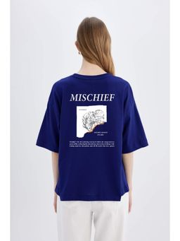 MISCHIEF MONKEY - Women Royal Blue Typography Round Neck T-shirt