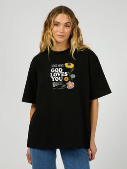 MISCHIEF MONKEY - Women Black Floral Text Printed Round Neck T-shirt