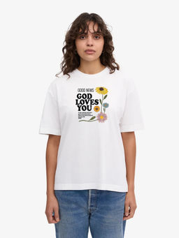 MISCHIEF MONKEY - Women White Floral Text Printed Round Neck T-shirt