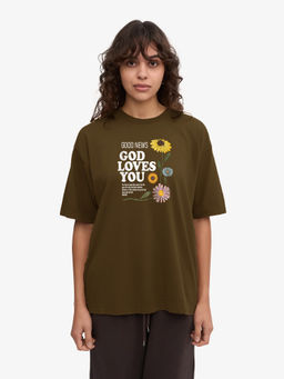 MISCHIEF MONKEY - Women Brown Floral Text Printed Round Neck T-shirt