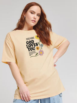 MISCHIEF MONKEY - Women Beige Floral Text Printed Round Neck T-shirt