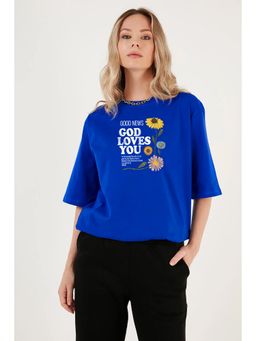 MISCHIEF MONKEY - Women Royal Blue Floral Text Printed Round Neck T-shirt