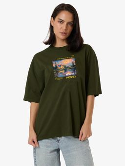 MISCHIEF MONKEY - Women Olive Graphic Printed Round Neck T-shirt