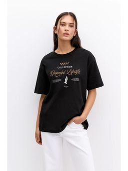 MISCHIEF MONKEY - Women Black Typography Round Neck T-shirt