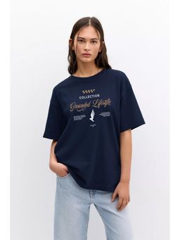 MISCHIEF MONKEY - Women Navy Blue Typography Round Neck T-shirt