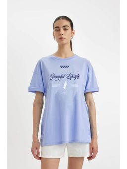 MISCHIEF MONKEY - Women Light Blue Typography Round Neck T-shirt