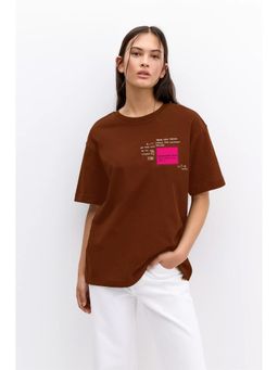 MISCHIEF MONKEY - Women Dark Brown Typography Round Neck T-shirt