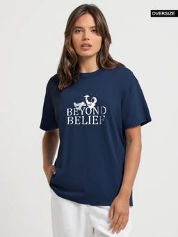 MISCHIEF MONKEY - Women Navy Blue Typography Round Neck T-shirt