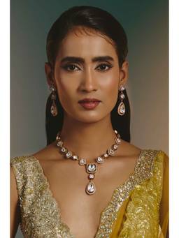 Namasya - Gold Plated Moissanite Long White Necklace with Earrings