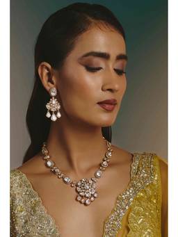 Namasya - Gold Plated Moissanite Long White Necklace with Earrings