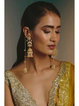 Namasya - Gold Plated Kundan Long White Jhumka Earrings