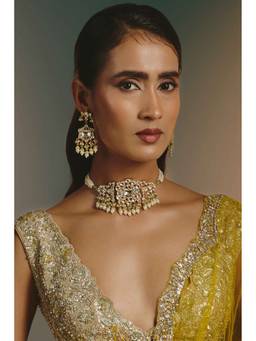 Namasya - Gold Plated Kundan Mint Drops White Choker with Earrings