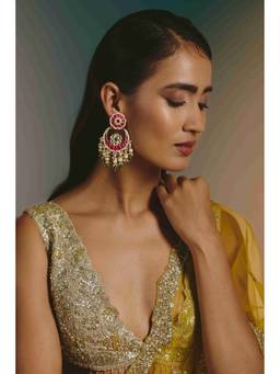 Namasya - Gold Plated Kundan Pink Chandbali Earrings