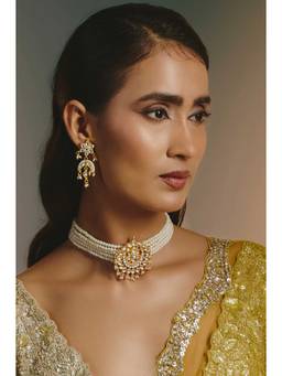 Namasya - Gold Plated Kundan White Choker with Earrings