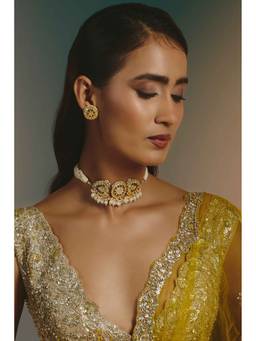 Namasya - Gold Plated Mother Of Pearl Grey Choker with Earrings