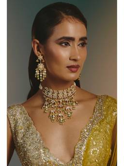 Namasya - Gold Plated Kundan and Mother Of Pearl White Choker with Earrings
