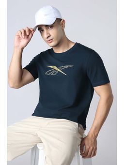 Reebok - Navy Blue Printed Cotton Blend Regular Fit T-Shirt