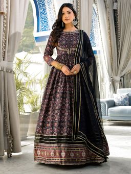 Odette - Black Printed Dola Silk Anarkali Suit with Dupatta For Women (Set of 2)