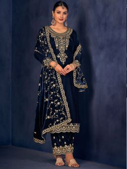Odette - Navy Blue Floral Embroidered Velvet Semi Stitched Straight Suit (Set of 3)