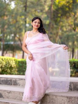 Odette - Light Pink Organza Embellished Saree with Unstitched Blouse for Women