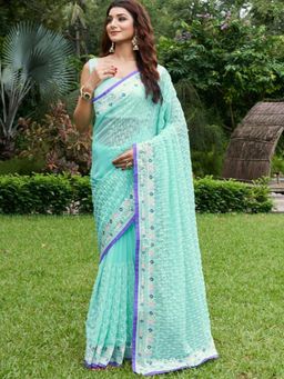 Odette - Blue Georgette Embroidered Saree with Unstitched Blouse for Women