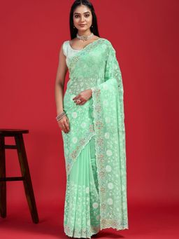 Odette - Green Georgette Embroidered Saree with Unstitched Blouse for Women
