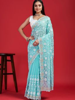 Odette - Sky Blue Georgette Embroidered Saree with Unstitched Blouse for Women