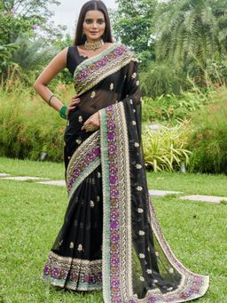 Odette - Black Georgette Embroidered Saree with Unstitched Blouse for Women
