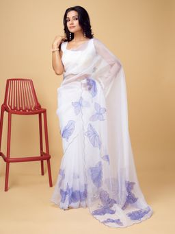 Odette - Blue Organza Embellished Saree with Unstitched Blouse for Women