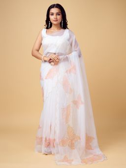 Odette - Peach Organza Embellished Saree with Unstitched Blouse for Women