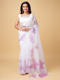 Odette - Purple Organza Embellished Saree with Unstitched Blouse for Women