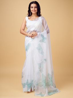 Odette - Green Organza Embellished Saree with Unstitched Blouse for Women