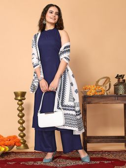 Odette - Navy Blue Rayon Solid Kurta and Pant with Dupatta for Women (Set of 3)