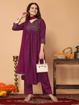 Odette - Purple Silk Blend Embellished Kurta and Pant with Dupatta for Women (Set of 3)