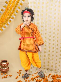 BownBee - Boys Printed Kurta Dhoti with Bansuri Mukut and Belt - Yellow (Set of 5)