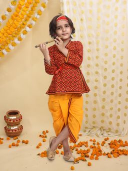 BownBee - Boys Printed Kurta Dhoti with Bansuri Mukut and Belt - Red (Set of 5)
