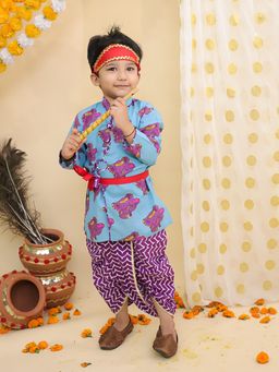 BownBee - Boys Cotton Printed Dhoti Kurta with Bansuri and Mukut -Blue (Set of 5)