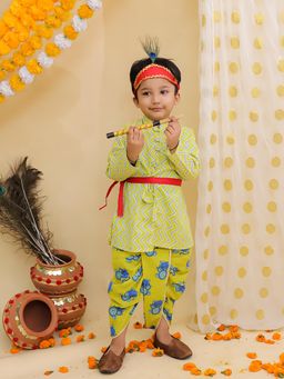 BownBee - Boys Cotton Monkey Dhoti Kurta with Bansuri and Mukut -Yellow (Set of 5)