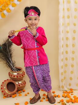 BownBee - Boys Bandhani Cotton Dhoti Kurta with Bansuri and Mukut -Pink (Set of 5)