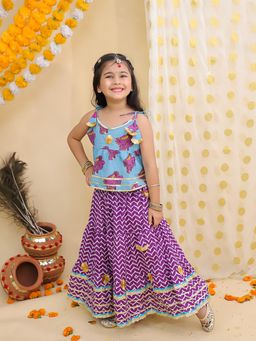 BownBee - Pure Cotton Elephant Printed Lehenga Top for Girls - Blue