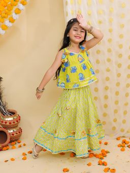 BownBee - Pure Cotton Monkey Printed Lehenga Top for Girls - Green