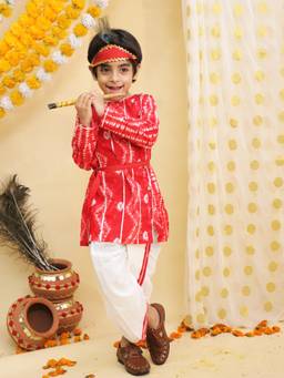 BownBee - Ethnic Pure Cotton Tie and Dye Dhoti Kurta for Boys - Red (Set of 5)