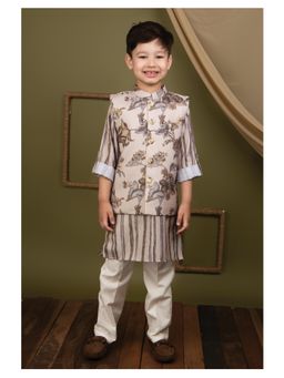 Little Collars - Silk Blend Woven Floral Ethnic Jacket Kurta Pant - Cream (Set of 3)