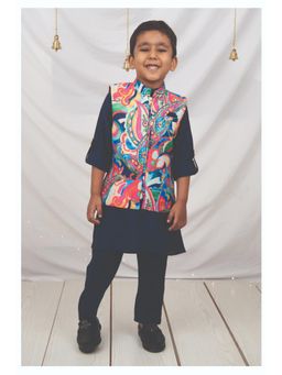 Little Collars - Silk Blend Abstract Printed Jacket Kurta Pant - Navy Blue (Set of 3)