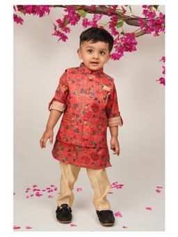Little Collars - Silk Blend Floral Nehru Jacket Kurta Pant with Brooch - Rust (Set of 3)