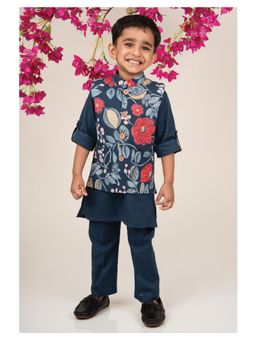 Little Collars - Organic Woven Floral Printed Ethnic Jacket Kurta Pant - Blue (Set of 3)