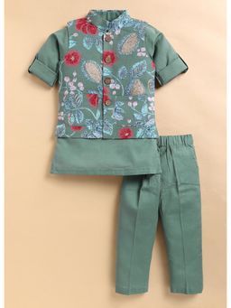 Little Collars - Organic Woven Floral Printed Ethnic Jacket Kurta Pant - Green (Set of 3)