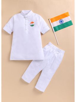 Little Collars - Blended Woven Kurta Pant with Badge and Indian Flag- White (Set of 4)