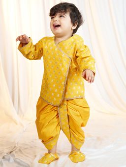 Vastramay - Boys Mustard Viscose Kurta Dhoti with Shoe and Swaddle (Set of 4)